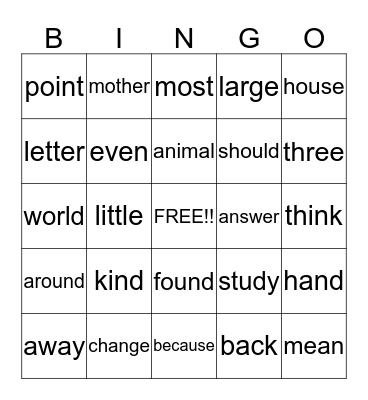 FRY WORDS LEVEL 2 Bingo Card