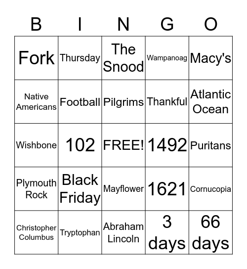 Thanksgiving Trivia Bingo Card