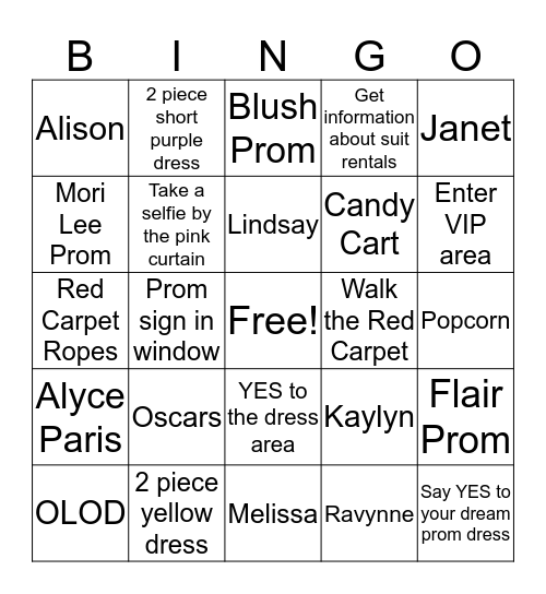 Prom Extravaganza Bingo Card