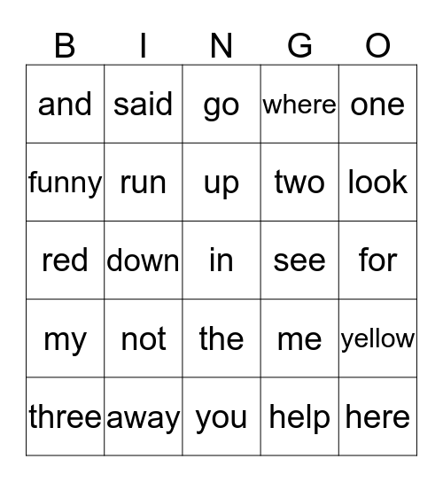 Sight Word Bingo Card