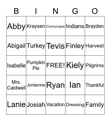 THANKSGIVING BINGO Card