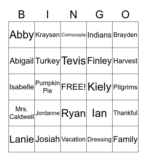 THANKSGIVING BINGO Card