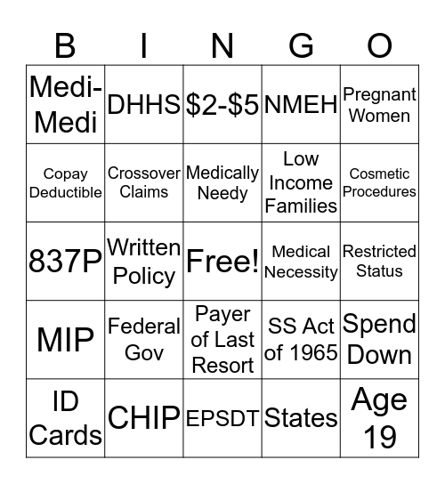 Medicaid Bingo Card
