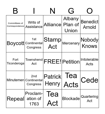 Chapter 5 Test-Road to Revolution Bingo Card