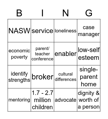 Children of Incarcerated Parents Bingo Card