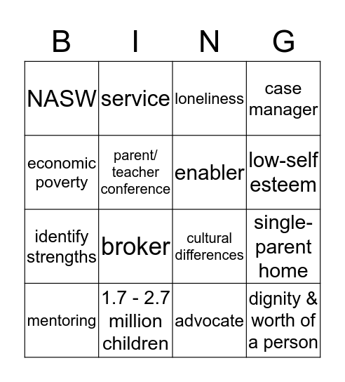 Children of Incarcerated Parents Bingo Card
