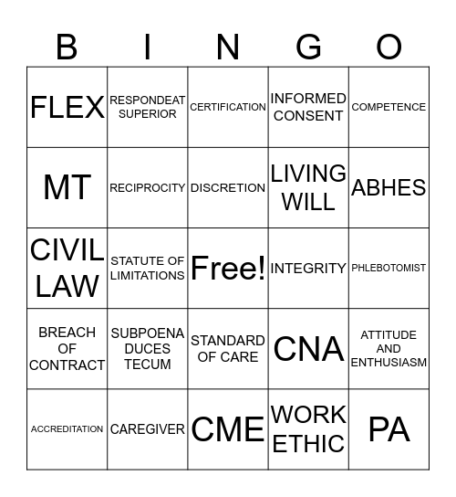 Medical Bingo Card