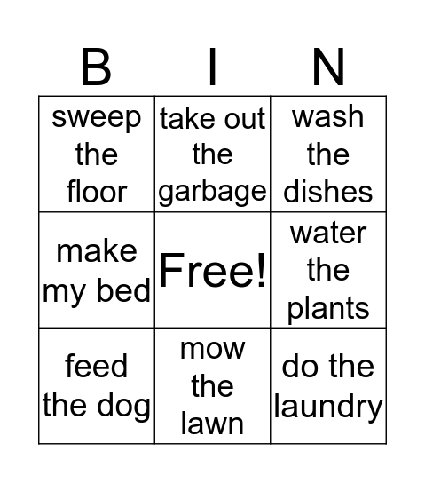 Chores to Do Bingo Card