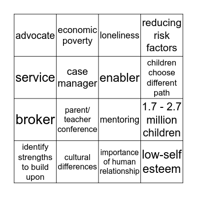 Children of Incarcerated Parents Bingo Card
