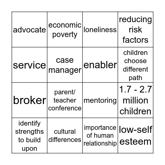 Children of Incarcerated Parents Bingo Card