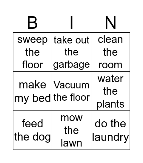 Chores to Do Bingo Card