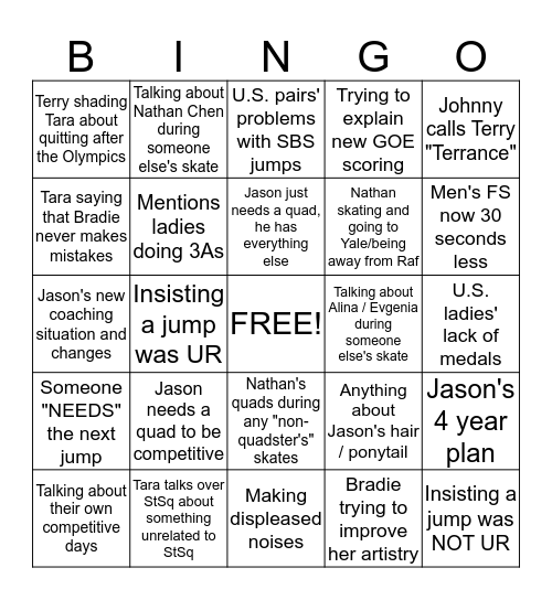 IdF NBC (Tara, Johnny, Terry) Broadcast Bingo Card