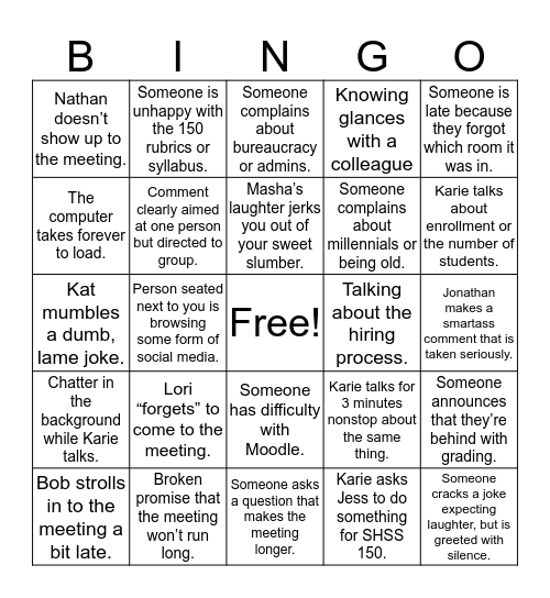 DEPARTMENT MEETING BINGO Card