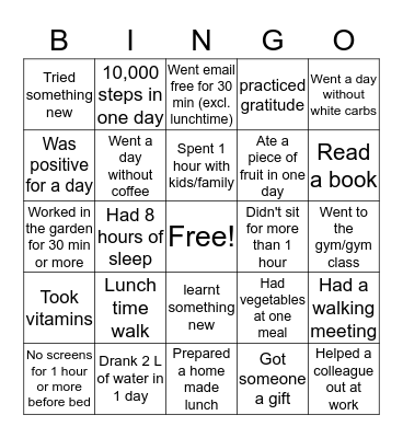 Wellness Wednesday Bingo Card