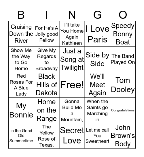 Musical Bingo Card