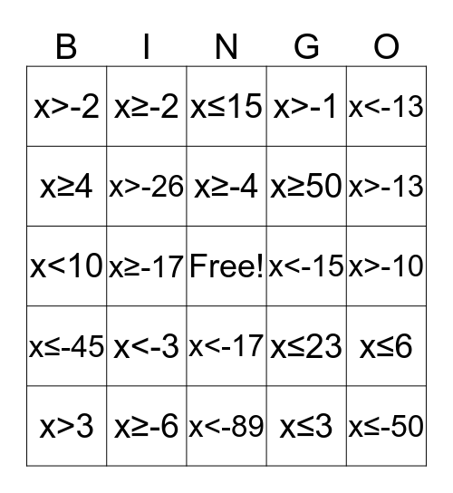 inequalities Bingo Card