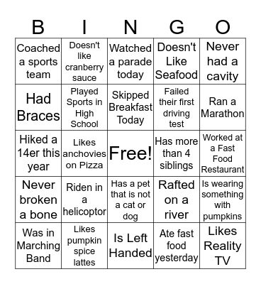 Thanksgiving BINGO Find Someone Who... Bingo Card