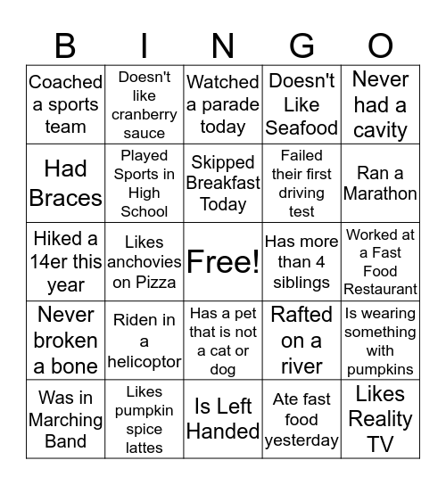 Thanksgiving BINGO Find Someone Who... Bingo Card