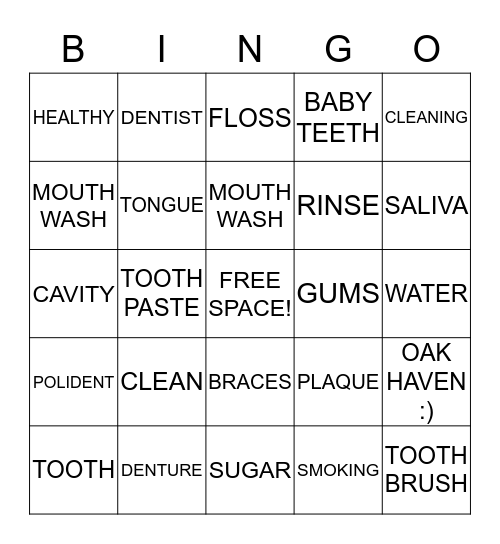 OAK HAVEN~ Dental Bingo  Bingo Card
