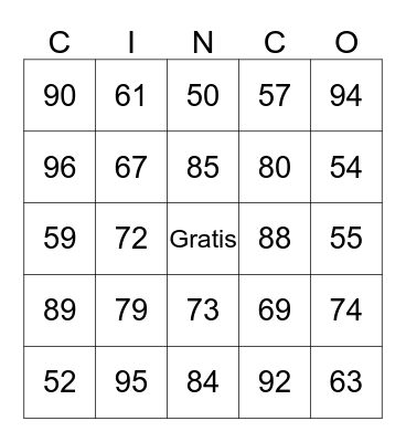 Numeros 50 al 100  Bingo Card