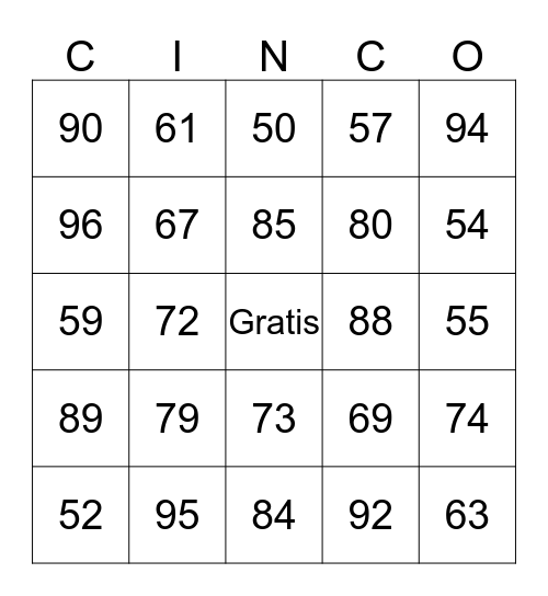 Numeros 50 al 100  Bingo Card
