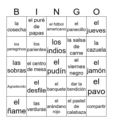 ¡El Día de Acción de Gracias! Bingo Card