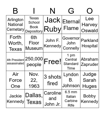 Kennedy Assasination Bingo Card