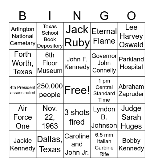 Kennedy Assasination Bingo Card