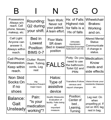 Fall Prevention Bingo Card