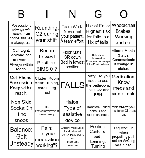 Fall Prevention Bingo Card