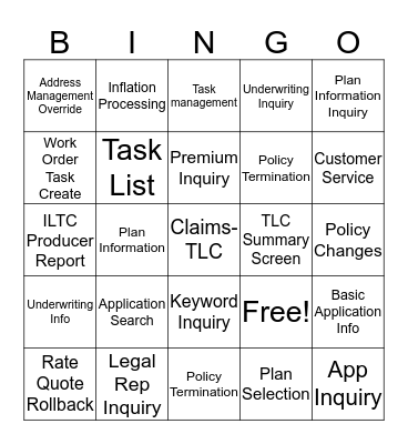 TLC Bingo Card