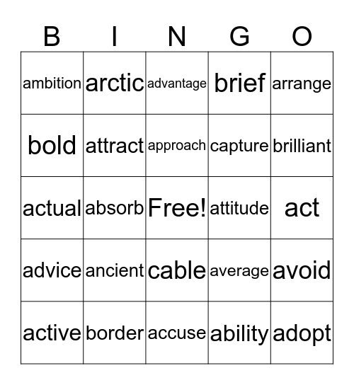 3rd grade vocabulary Bingo Card