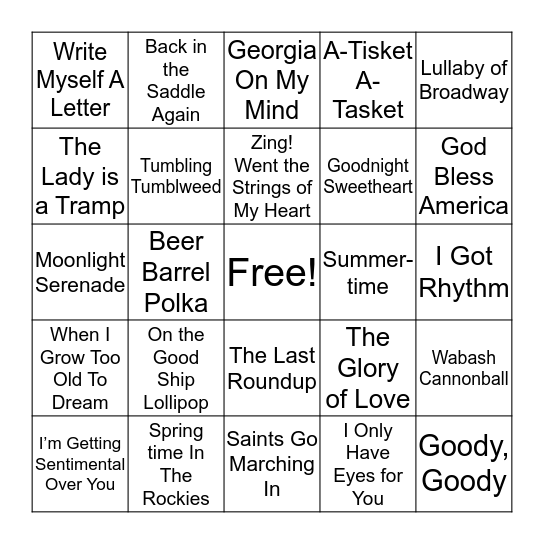 1930's Music Bingo Card