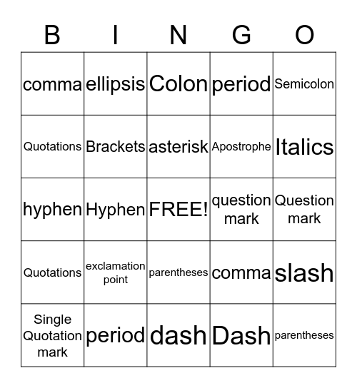 Punctuation Bingo Card