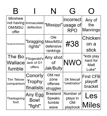 Egg Bowl Bingo 2 Bingo Card
