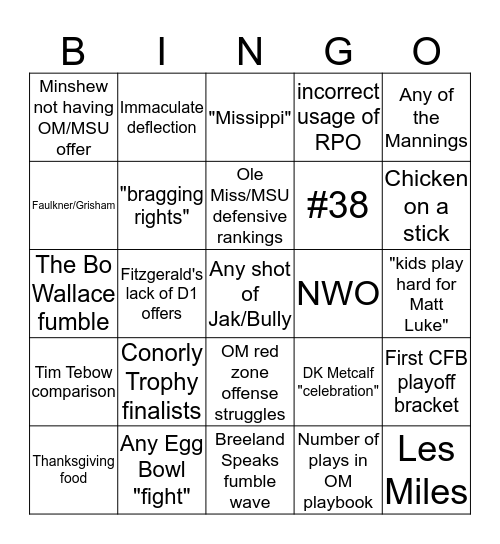 Egg Bowl Bingo 2 Bingo Card