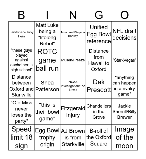 Egg Bowl Bingo Card
