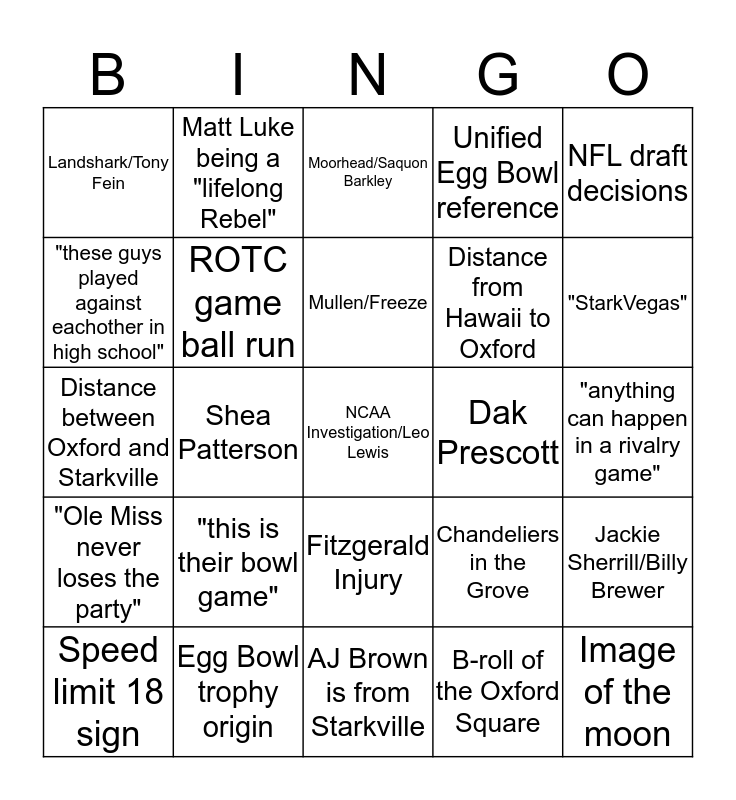 Egg Bowl Bingo Card