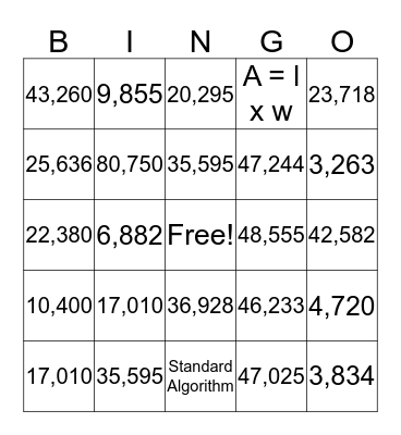 Multi-digit Multiplication  Bingo Card