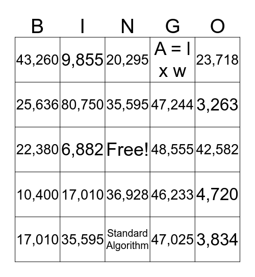 Multi-digit Multiplication  Bingo Card