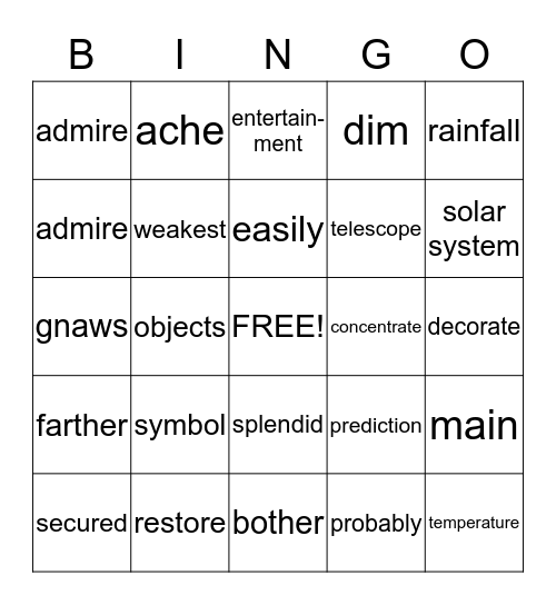 Units 1, 2 and 3 Vocabulary Bingo Card
