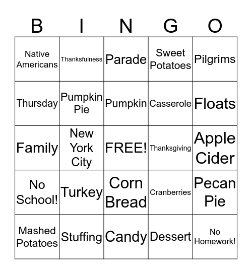 Thanksgiving Bingo Card