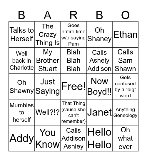 Barb-o Bingo Card