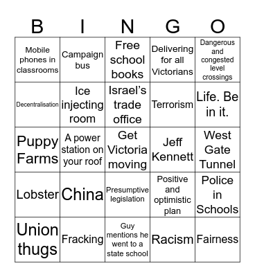 2018 State Election Debate Bingo Card