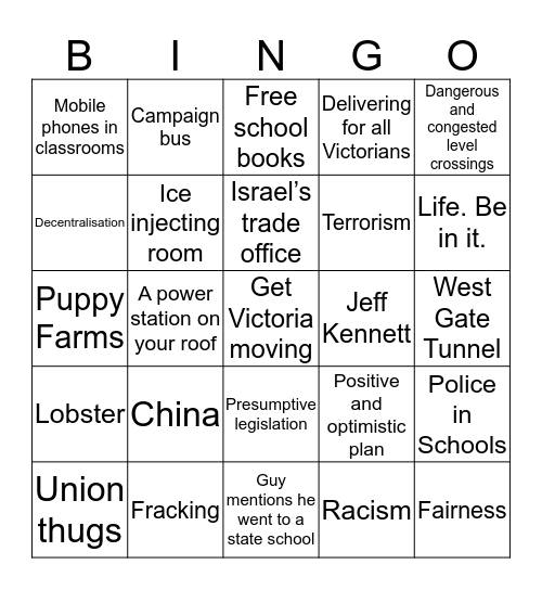 2018 State Election Debate Bingo Card