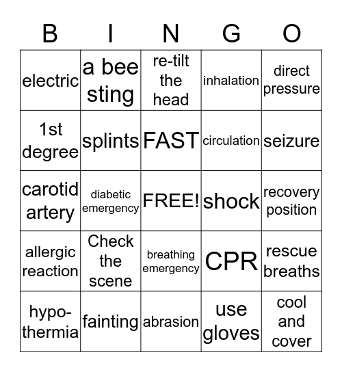 First Aid Bingo Card