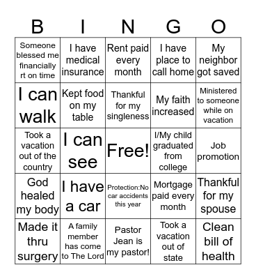 Community Bible Church 2018 Thankfulness Bingo Card