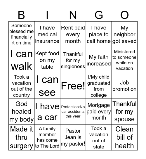 Community Bible Church 2018 Thankfulness Bingo Card