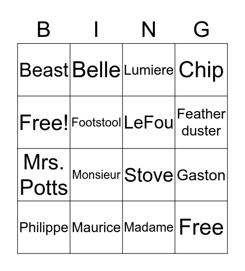 Beauty and the Beast Bingo Card