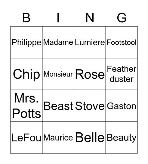 Beauty and the Beast Bingo Card